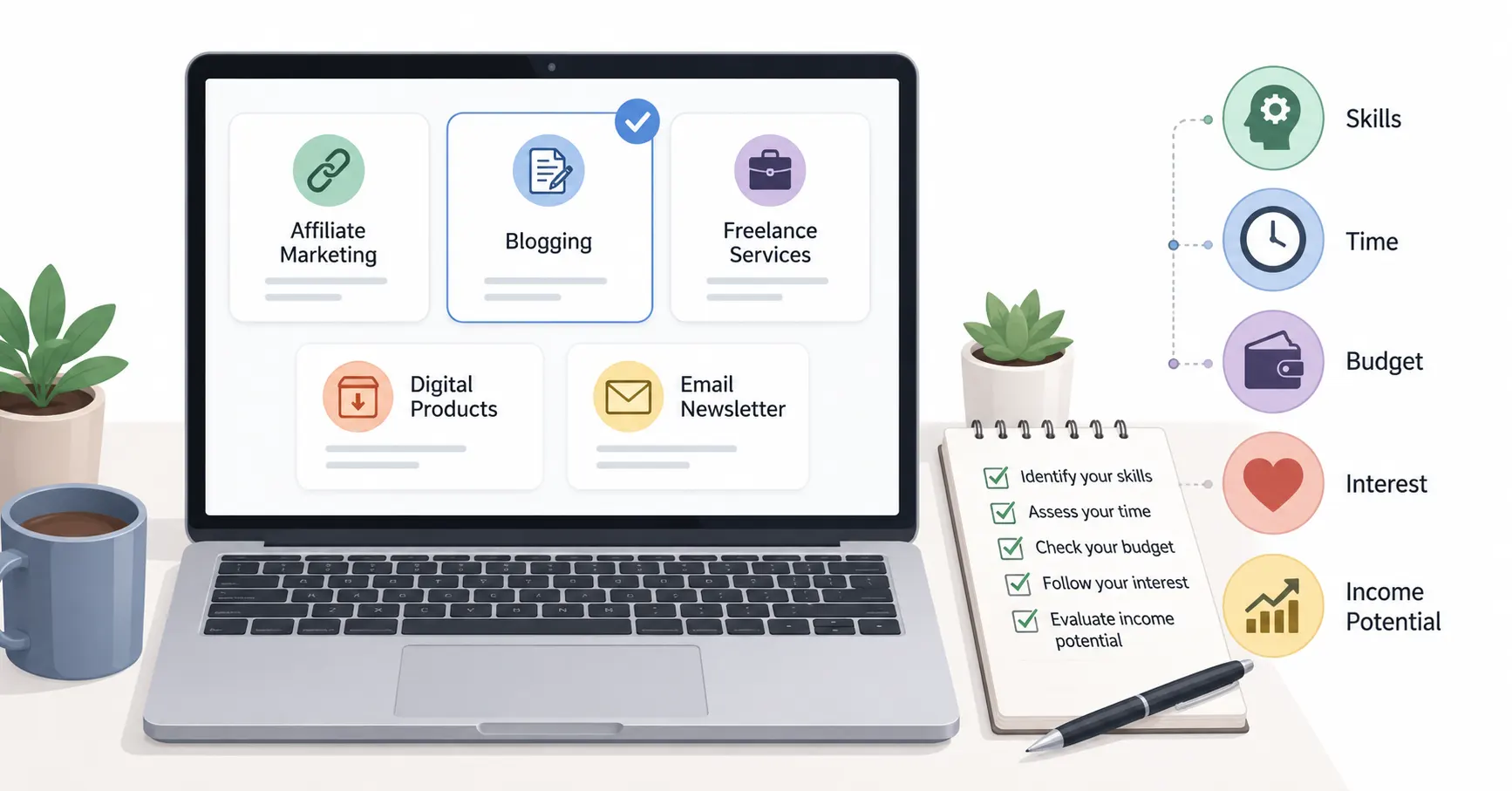 Choosing the right online business idea based on skills, time, budget, and interests.
