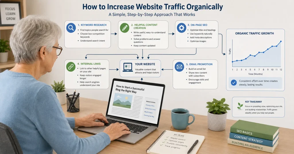 Older beginner learning how to increase website traffic organically using content, SEO, email and social promotion.