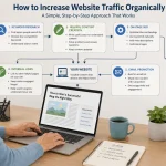 Older beginner learning how to increase website traffic organically using content, SEO, email and social promotion.