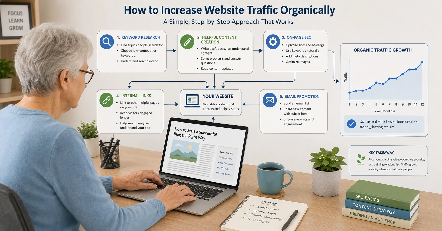 Older beginner learning how to increase website traffic organically using content, SEO, email and social promotion.