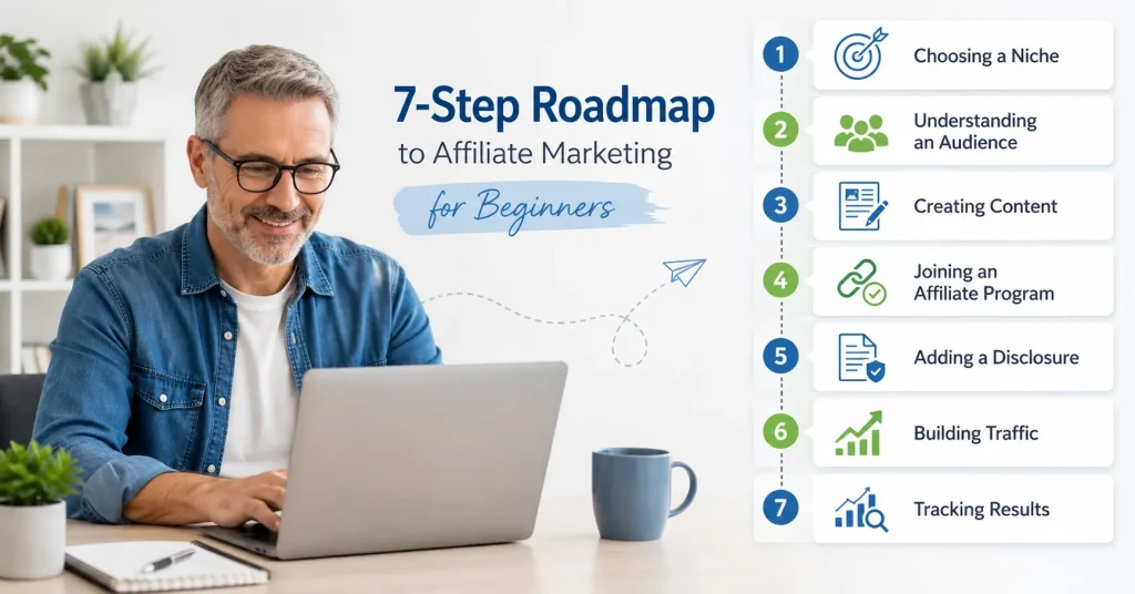 Beginner learning how to start affiliate marketing with a seven-step roadmap