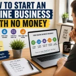How to Start an Online Business With No Money roadmap showing free tools, content, affiliate marketing, email, and website setup.