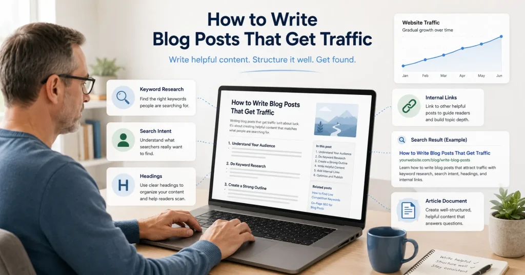 Beginner learning how to write blog posts that attract steady website traffic
