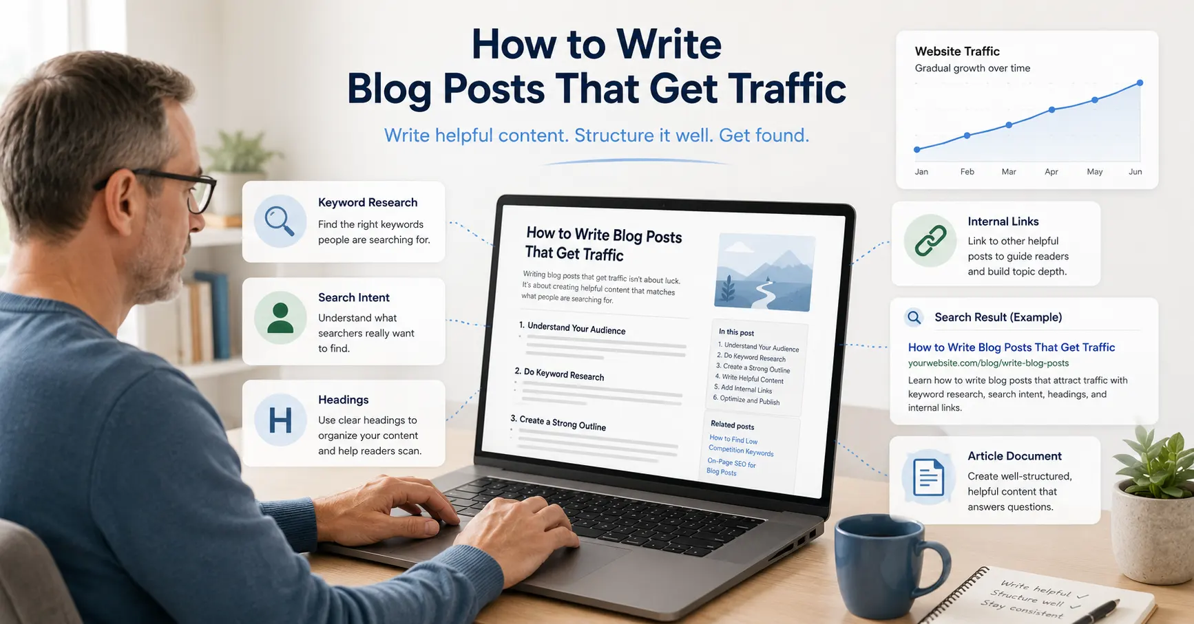 Beginner learning how to write blog posts that attract steady website traffic