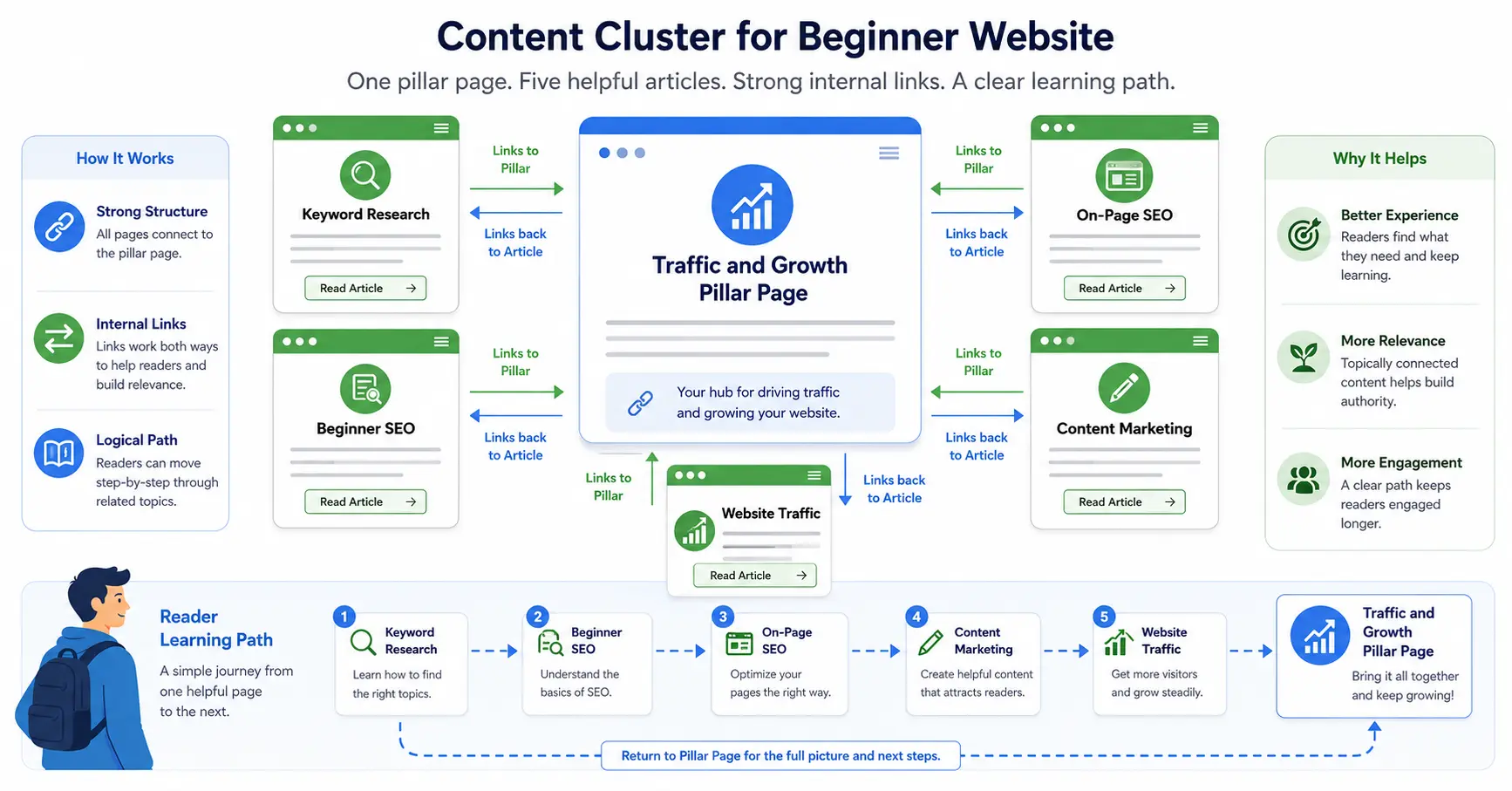 Internal linking structure connecting a Traffic and Growth pillar with SEO, keyword research and content marketing posts.