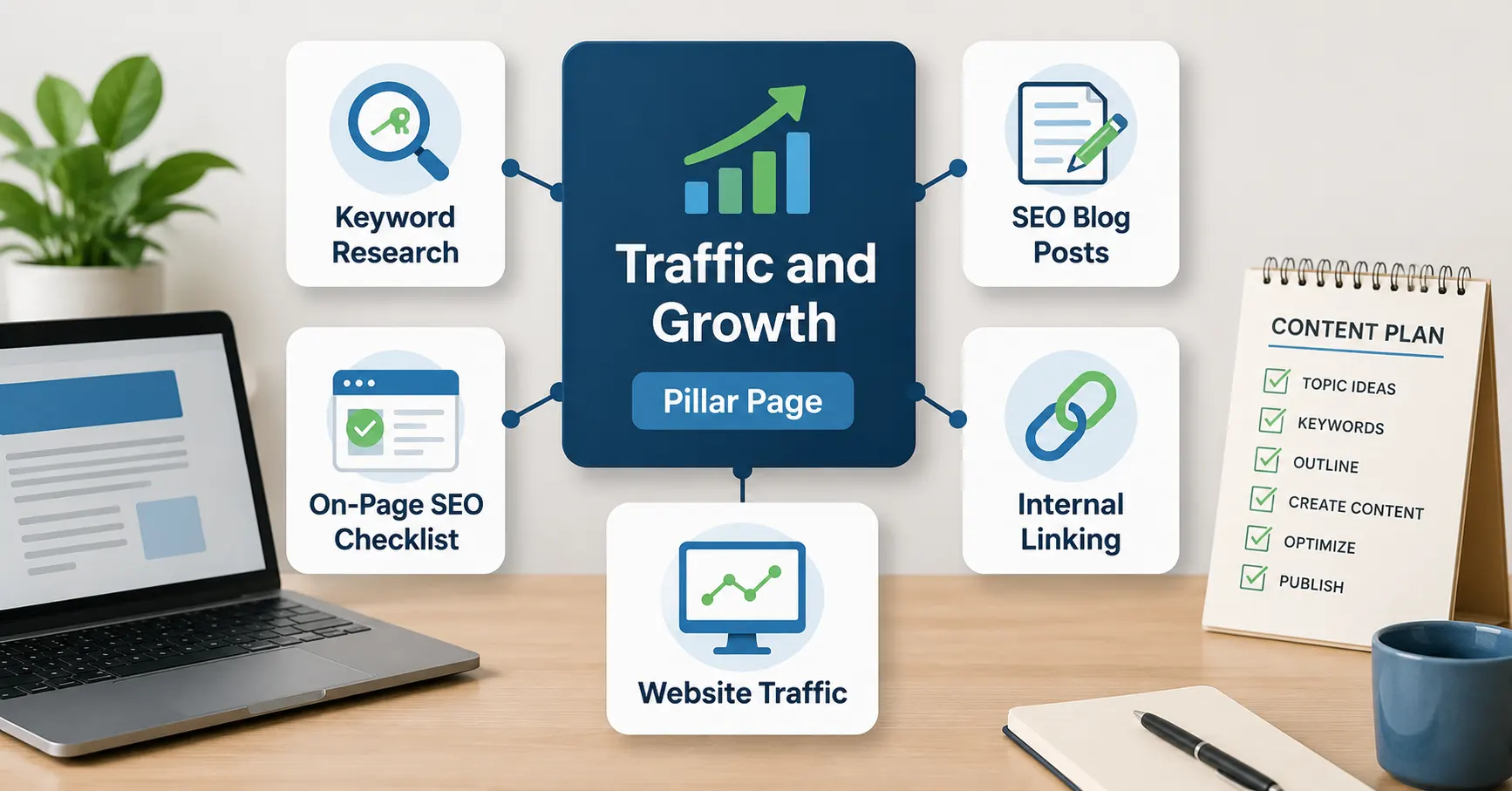 Traffic and Growth pillar page connected to related supporting SEO articles