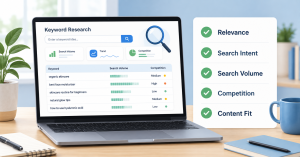 Checklist for evaluating keyword relevance, volume, difficulty and search intent
