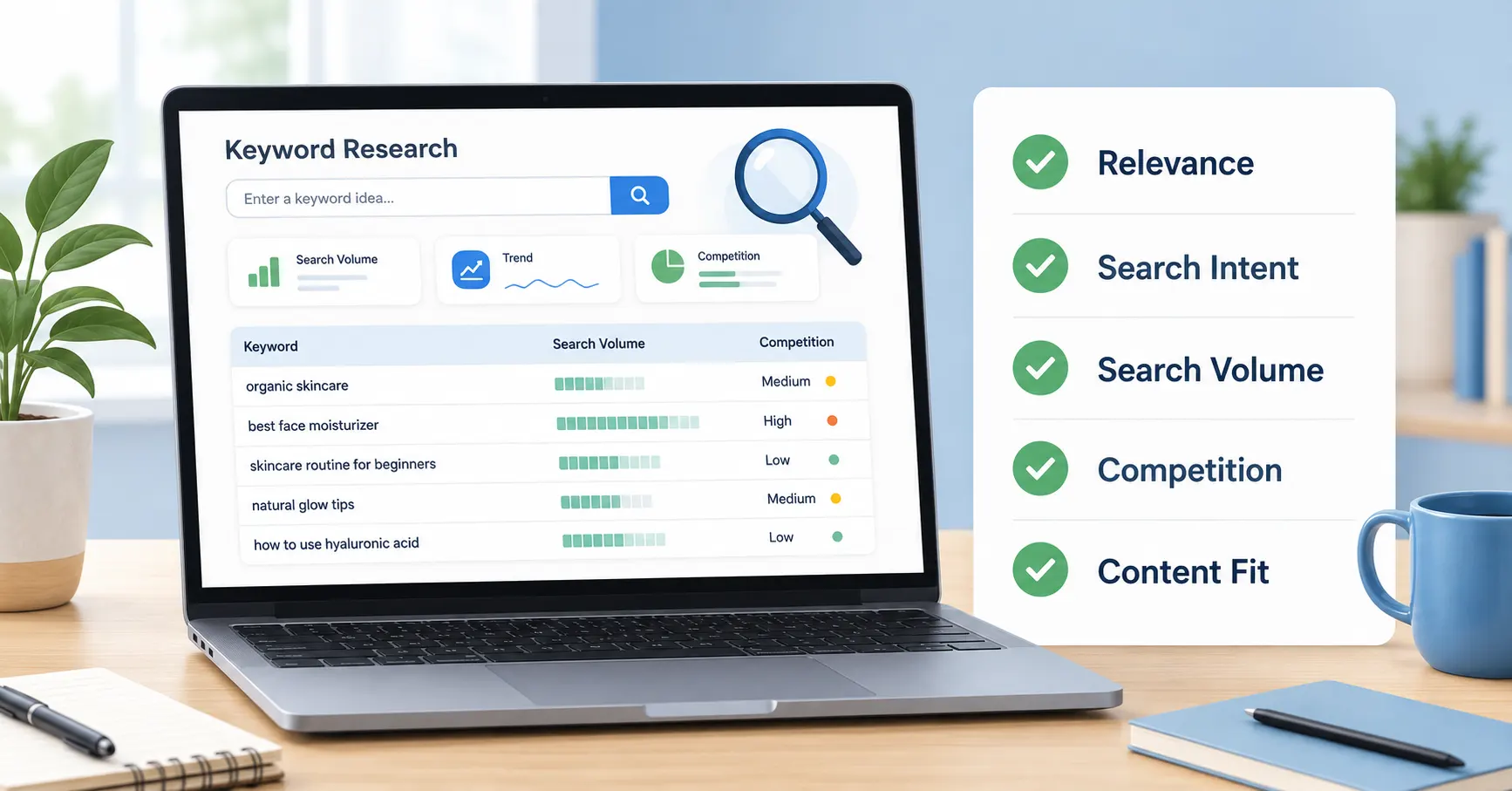 Checklist for evaluating keyword relevance, volume, difficulty and search intent