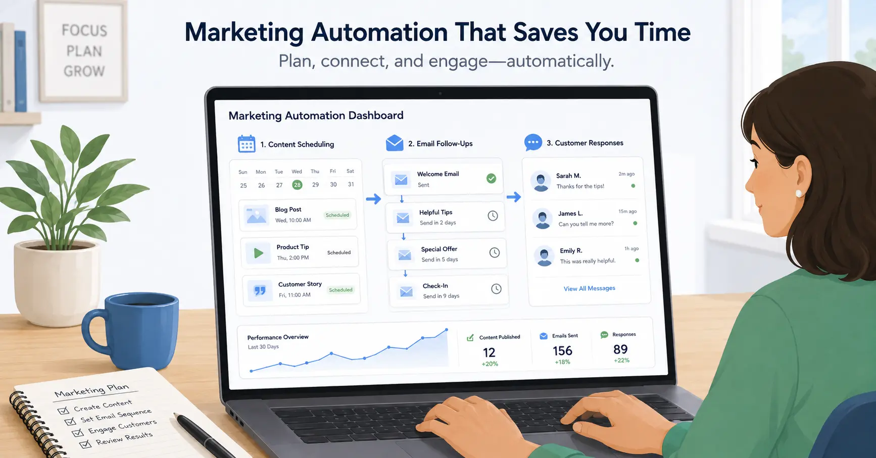 Small business owner using marketing automation tools to manage scheduling, email follow-ups and customer communication.