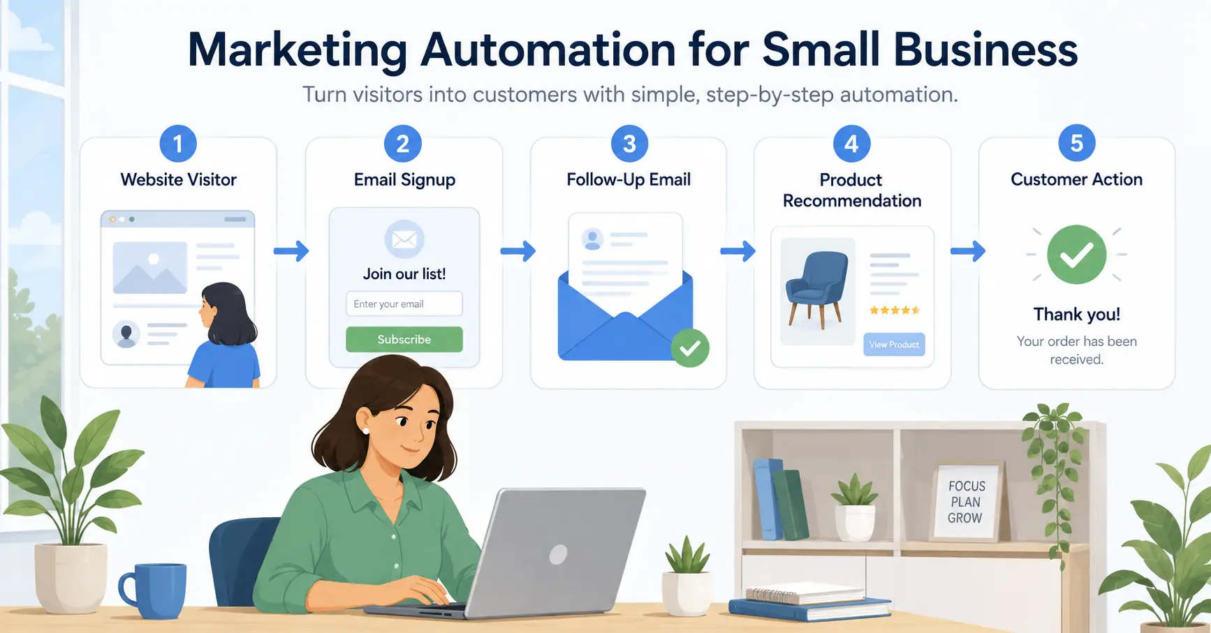 Small business marketing automation workflow showing lead capture, follow-up emails and customer action.