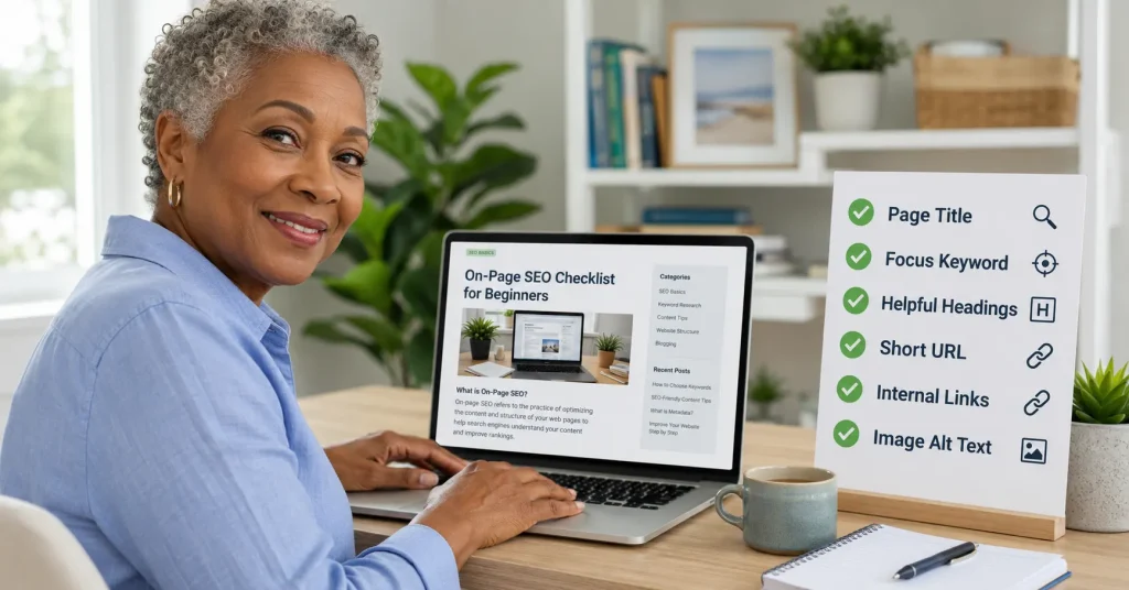 On-page SEO checklist for beginners beside a laptop displaying a blog article