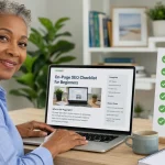 On-page SEO checklist for beginners beside a laptop displaying a blog article