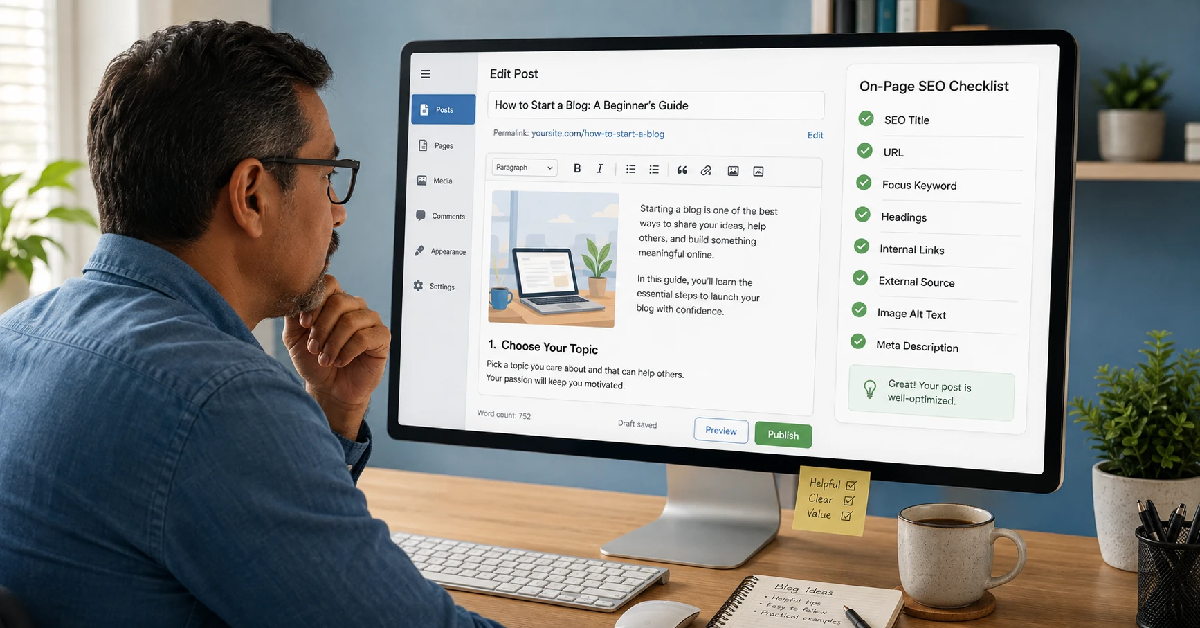 Beginner checking on-page SEO before publishing a blog post