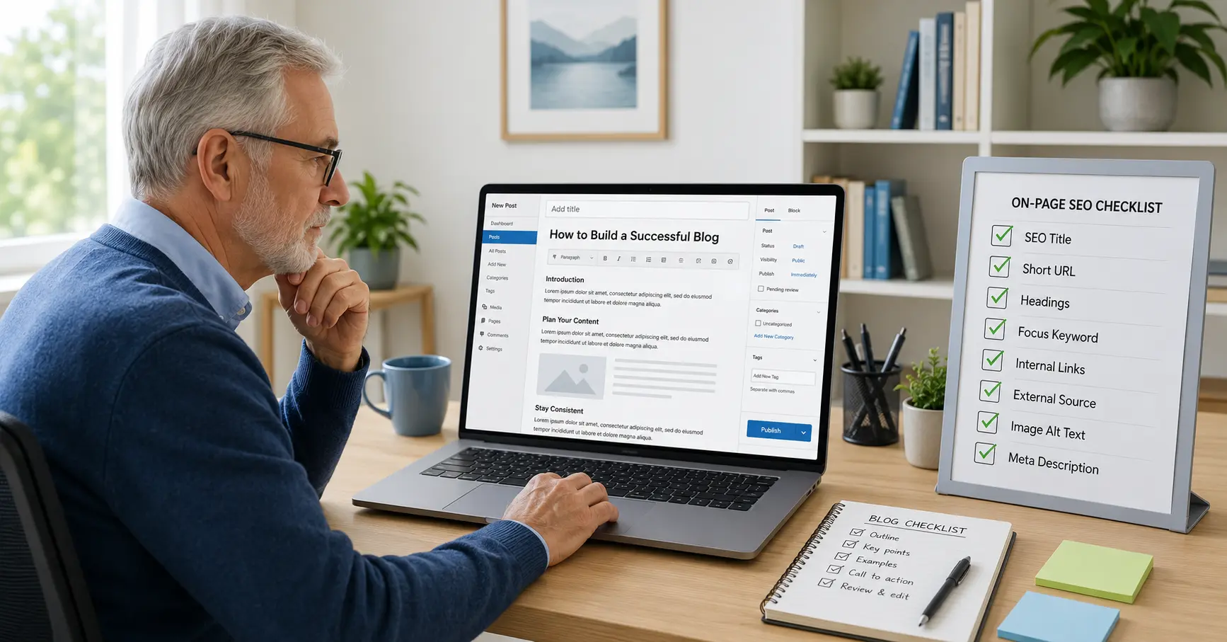 Beginner checking the title, URL, headings, internal links and image alt text before publishing