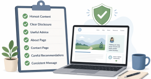 Online business trust checklist with honest content, disclosure, about page, contact page, and careful recommendations.