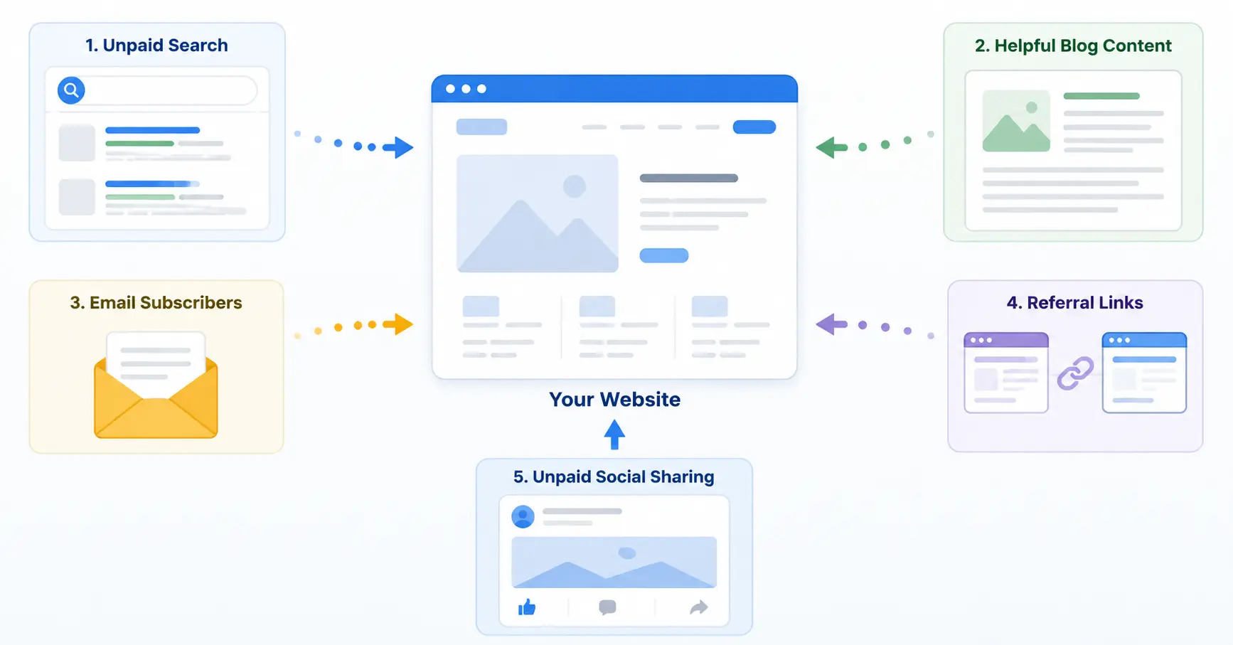 Organic website traffic sources for beginners including search, email, referrals, content and social sharing.
