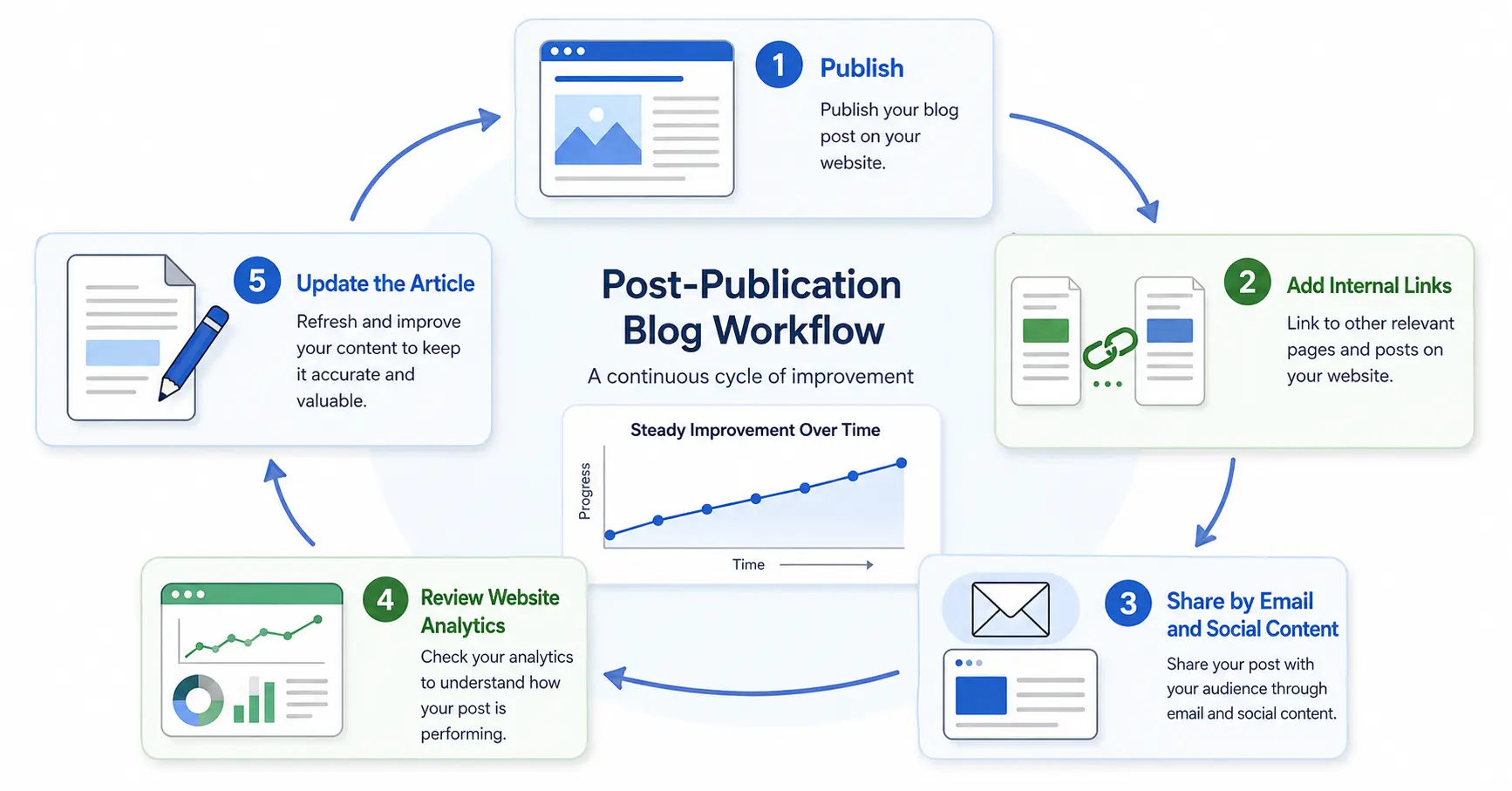 Blog post publishing cycle covering internal links, promotion, analytics and content updates