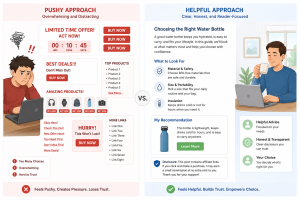 Comparison between pushy affiliate promotion and a helpful product recommendation