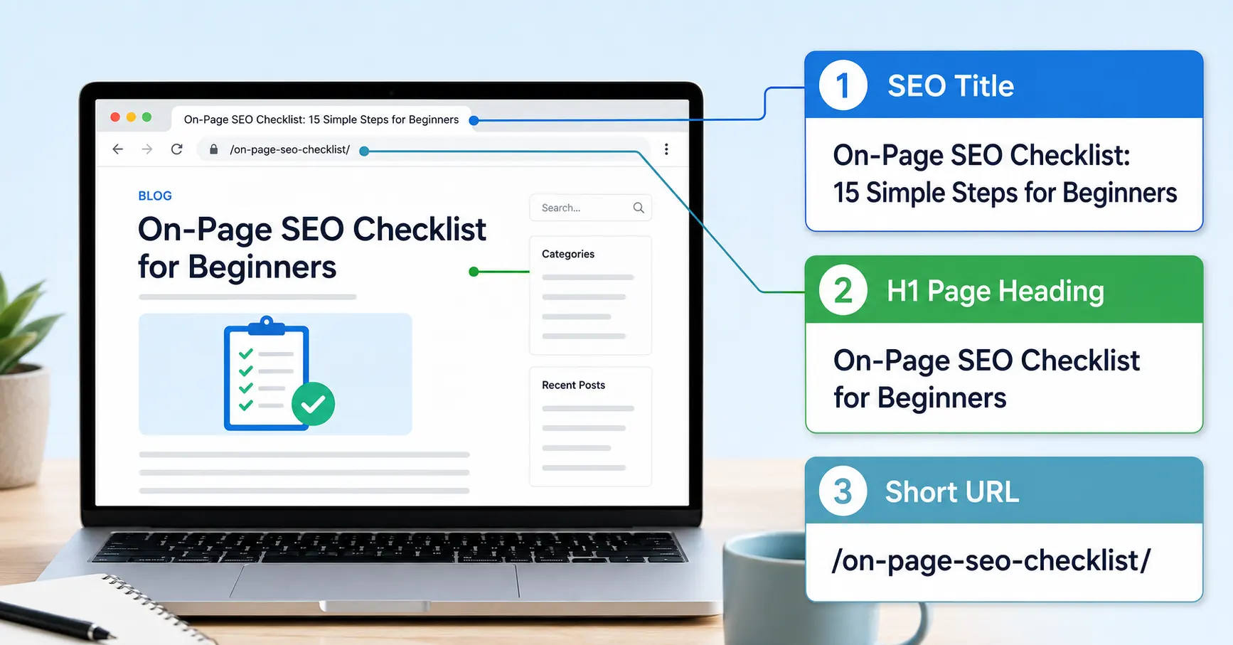 Example of an SEO title, page heading and short SEO-friendly URL
