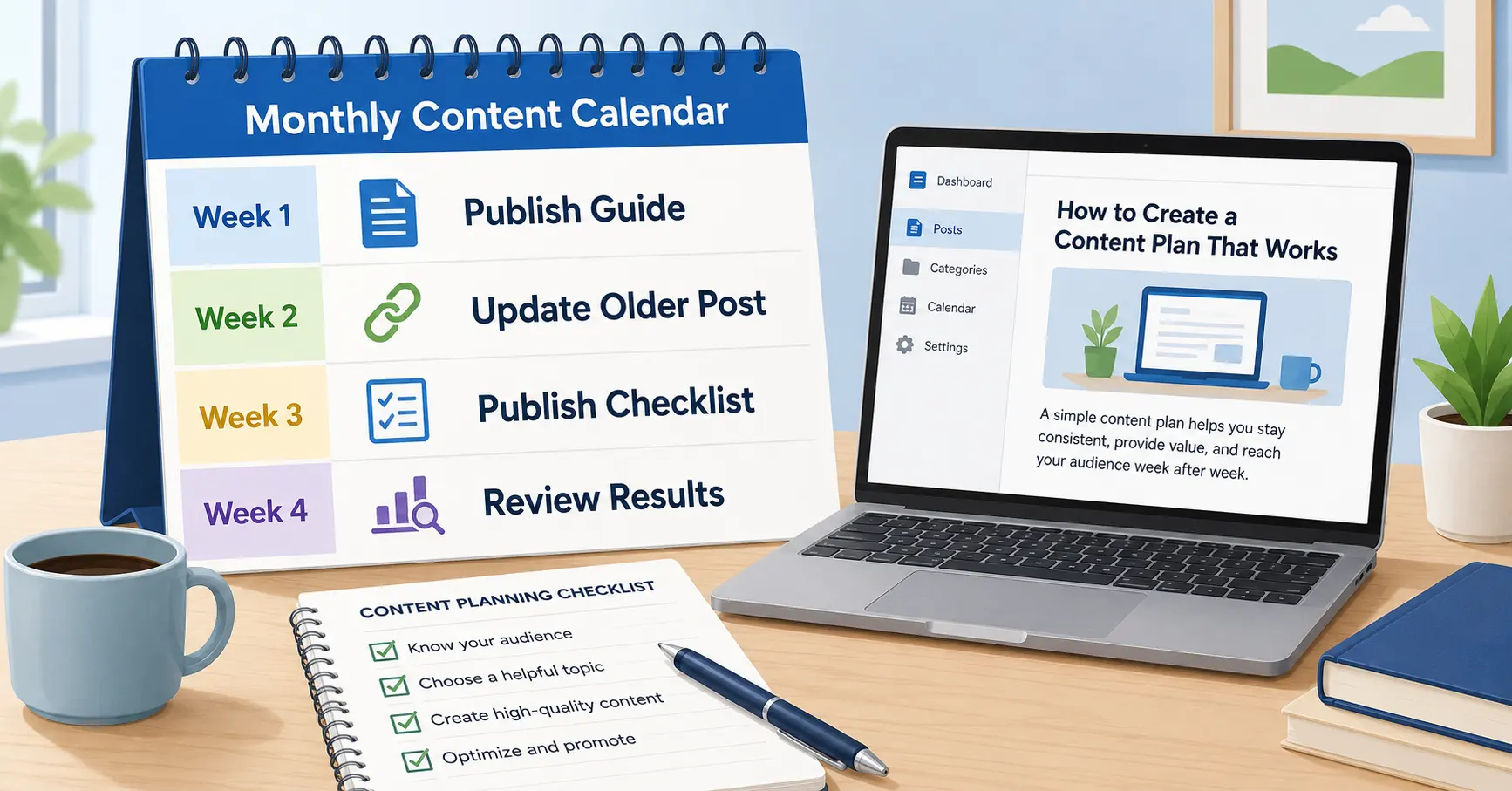 Simple monthly content calendar for planning articles, updates and performance reviews.