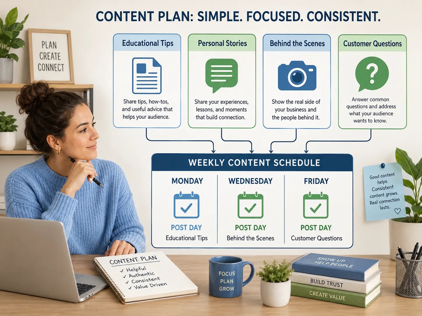 Social media content pillars organised into a simple three-day weekly posting schedule.