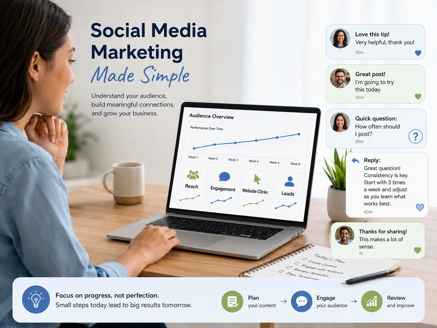 Small-business owner reviewing social media reach, engagement, website clicks and leads.