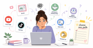 Beginner avoiding the mistake of trying too many online business ideas at once.