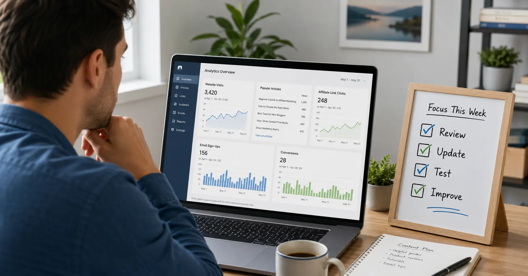 Beginner tracking website traffic, affiliate clicks, and content results.