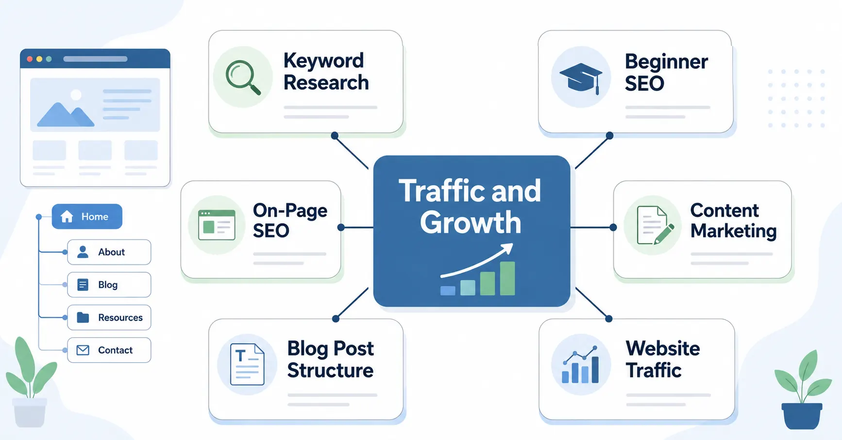 Traffic and Growth content pillar connected to SEO and content marketing supporting articles.