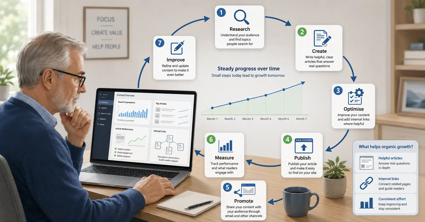Website traffic improvement cycle covering research, publishing, promotion, measurement and content updates.
