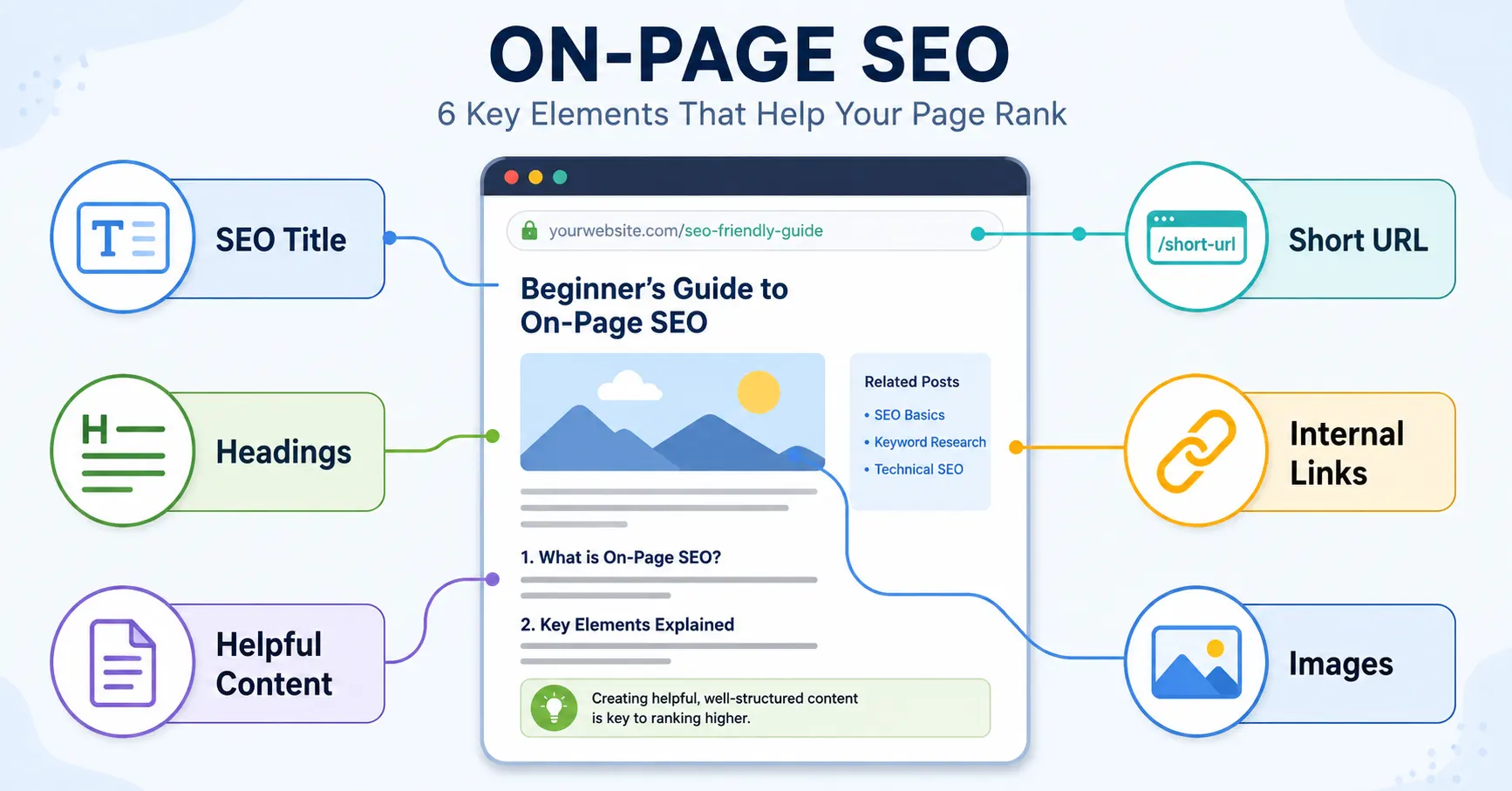 Diagram showing the main elements included in on-page SEO