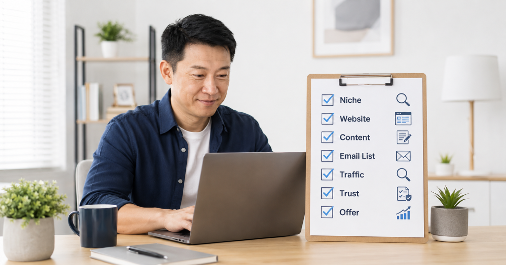 Beginner checklist showing what you need to start an online business.