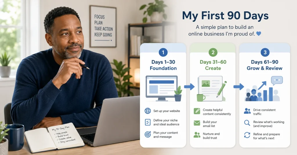 Beginner creating a 90-day business action plan for an online business