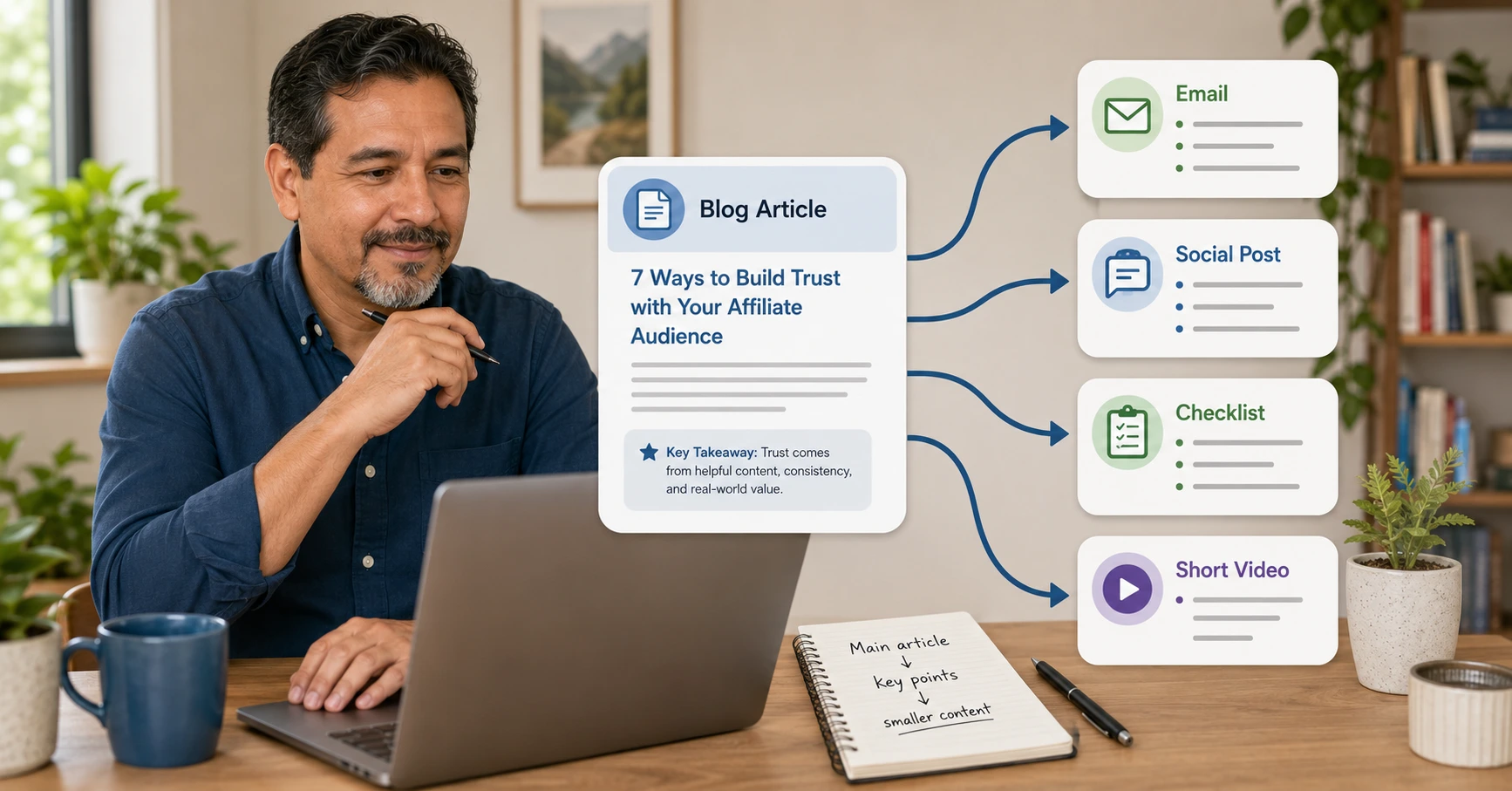 Affiliate marketing content repurposed from a blog article into email, social posts and short video