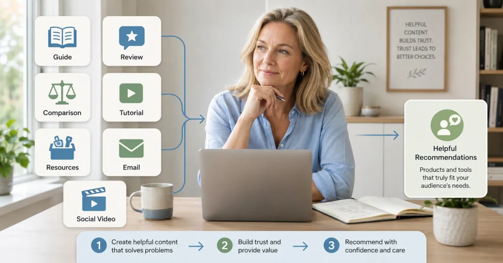 Beginner planning affiliate marketing content including guides, reviews, comparisons and tutorials
