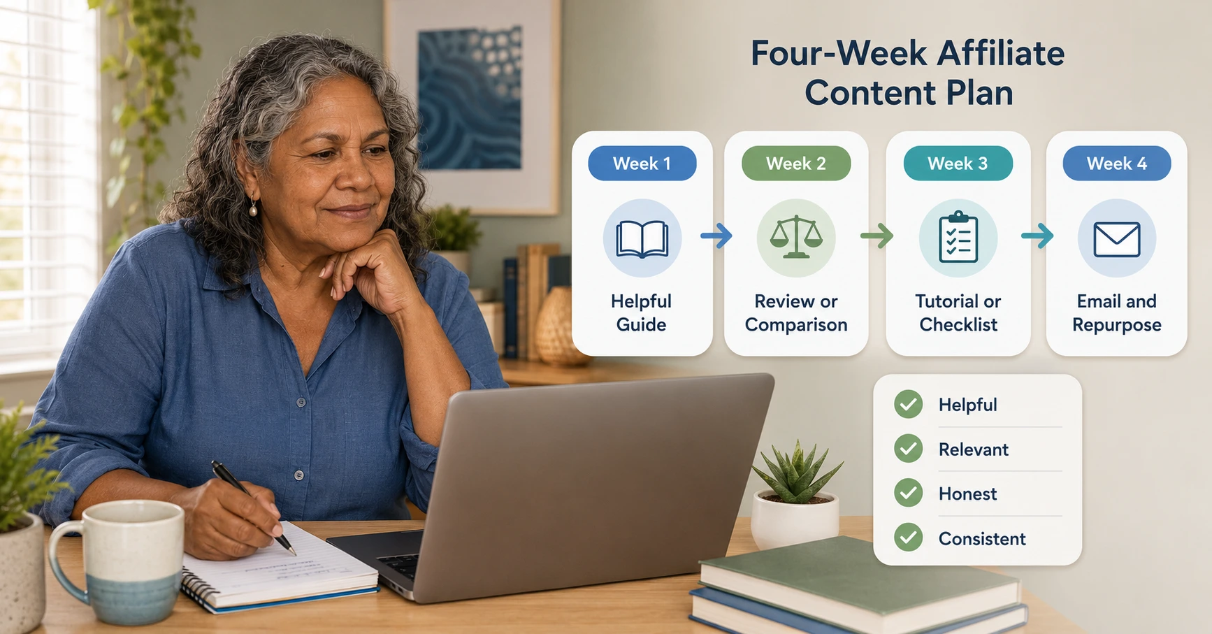 Beginner reviewing a simple four-week affiliate marketing content plan