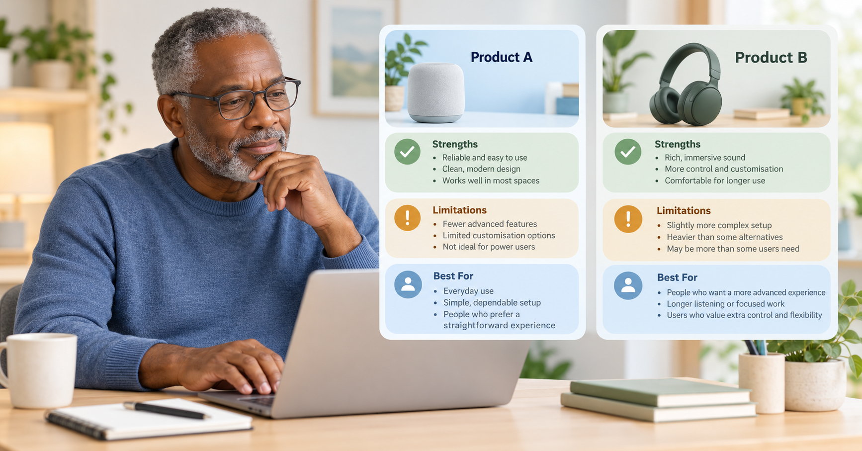 Older man reviewing the strengths, limitations and best uses of two products.