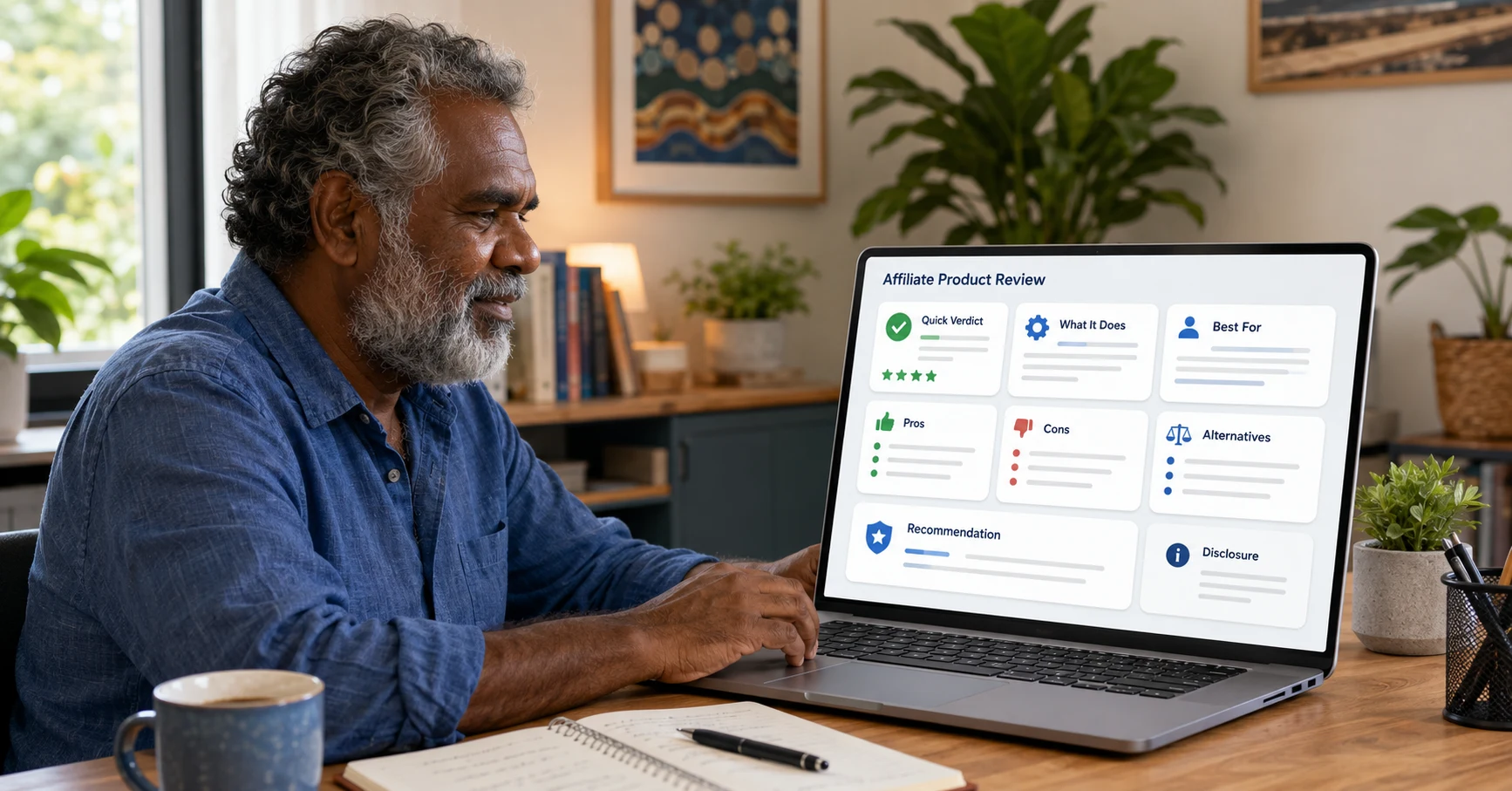 Simple affiliate product review template showing verdict, features, pros, cons and recommendation