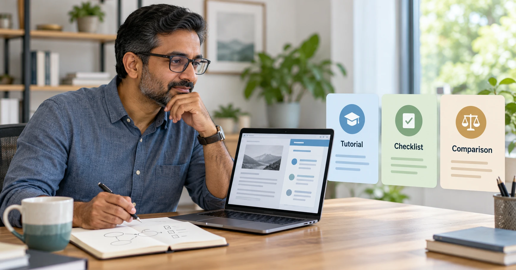 Middle-aged man comparing an older blog article with tutorial, checklist and comparison search-intent options.