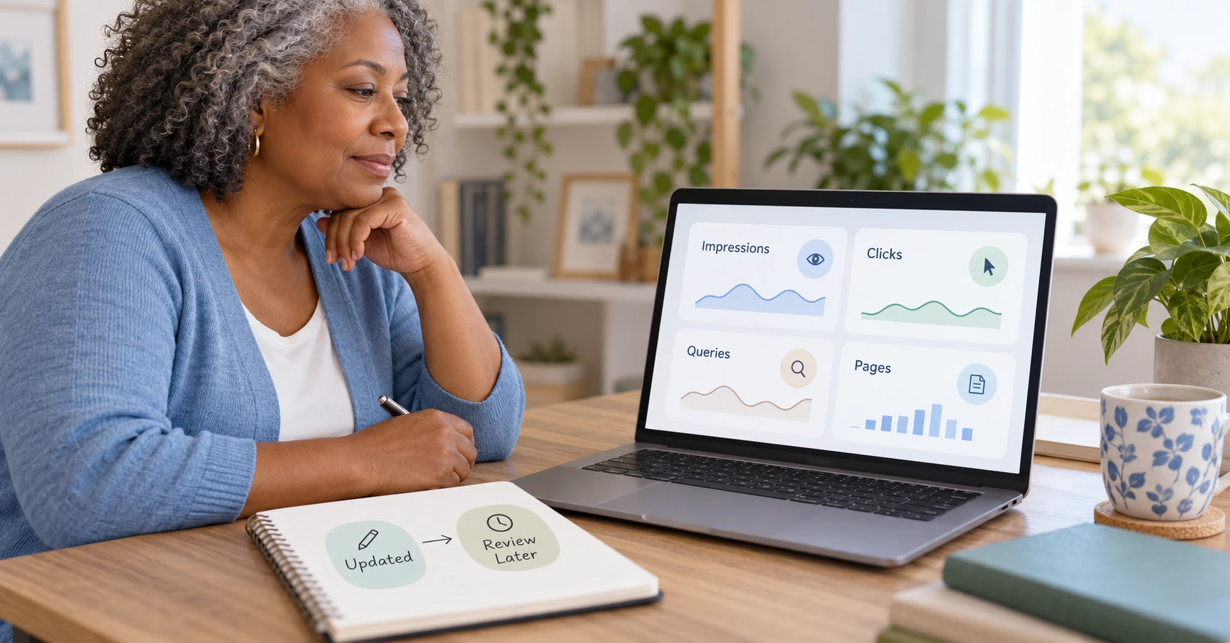 Older woman reviewing impressions, clicks and search queries after updating a blog post.