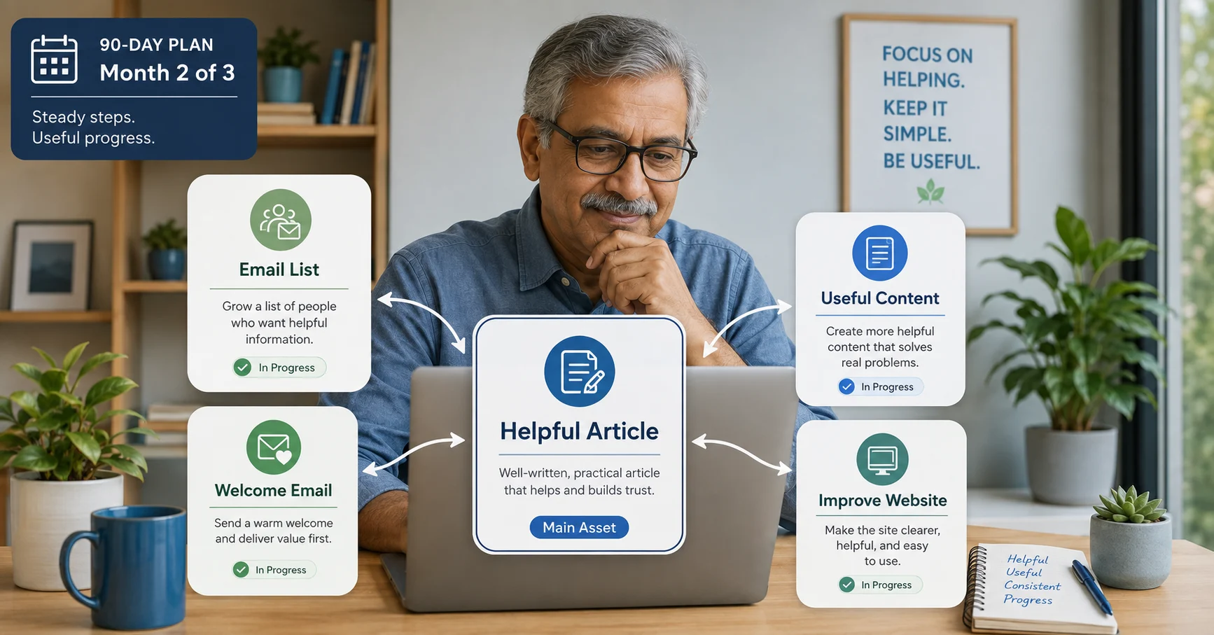 Older man creating content and building an email list during a 90-day business plan