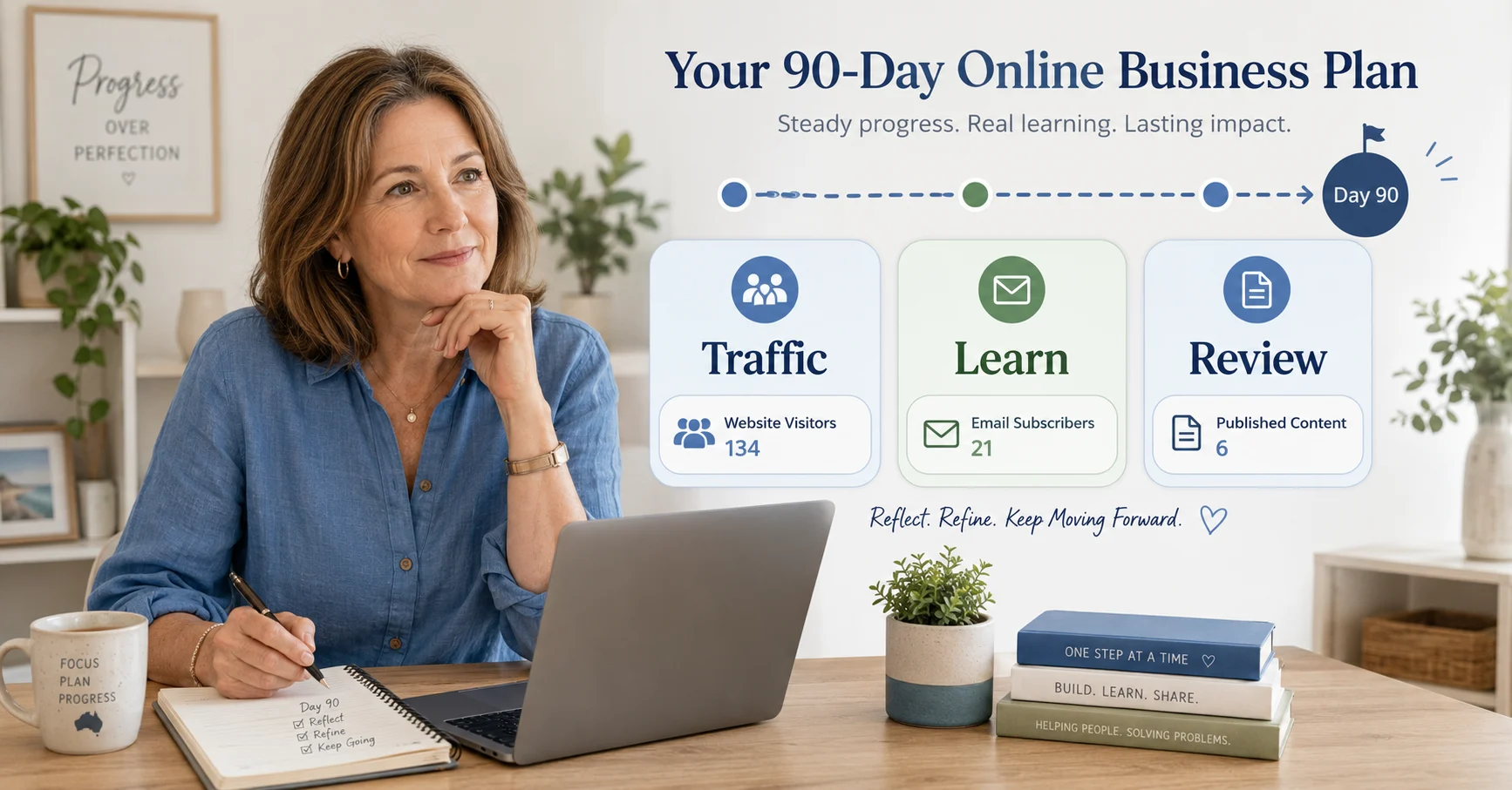 Woman reviewing traffic and progress during the final 30 days of an online business action plan