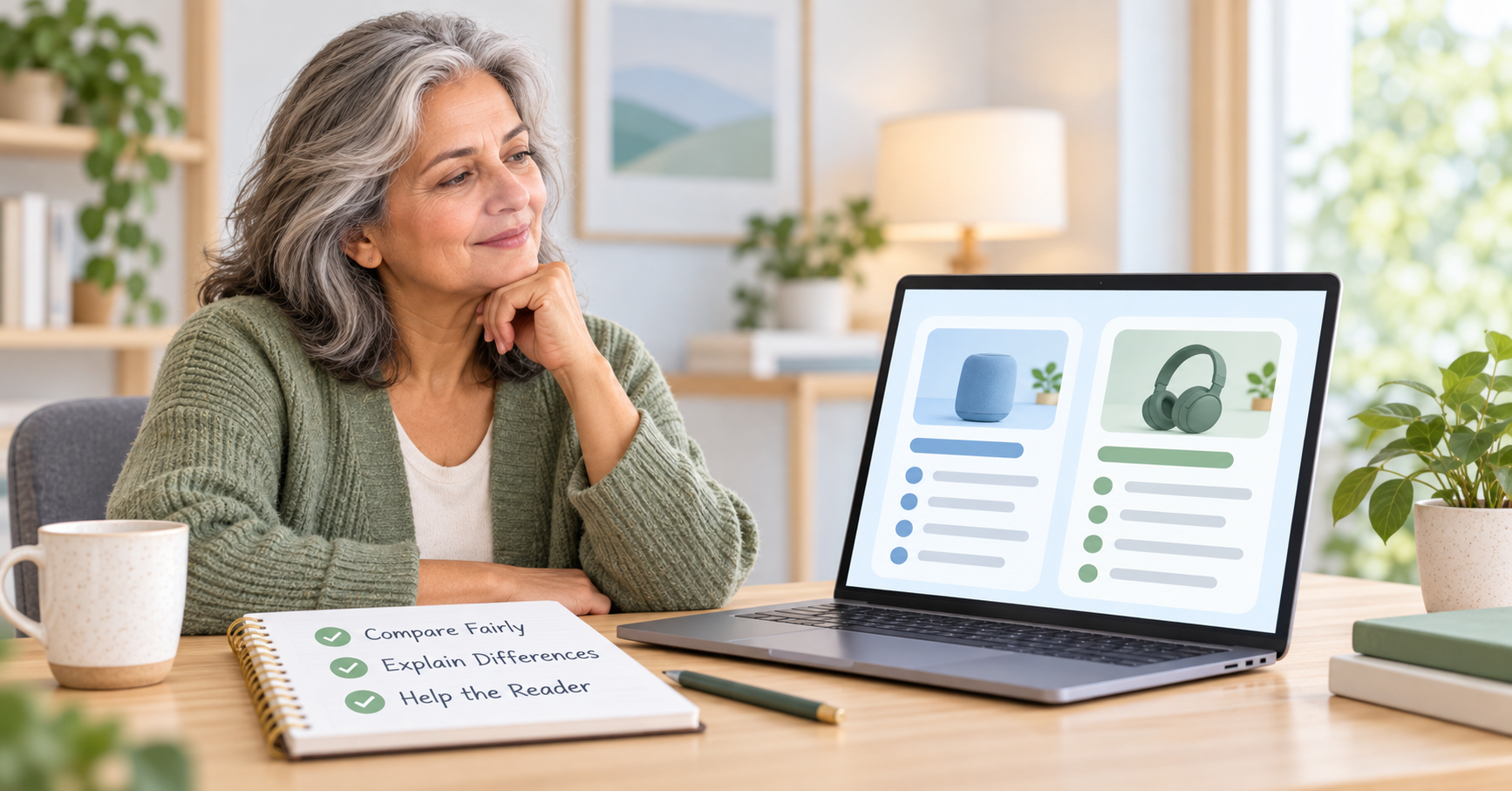 Older woman reviewing a balanced product comparison and planning the reader's next step.