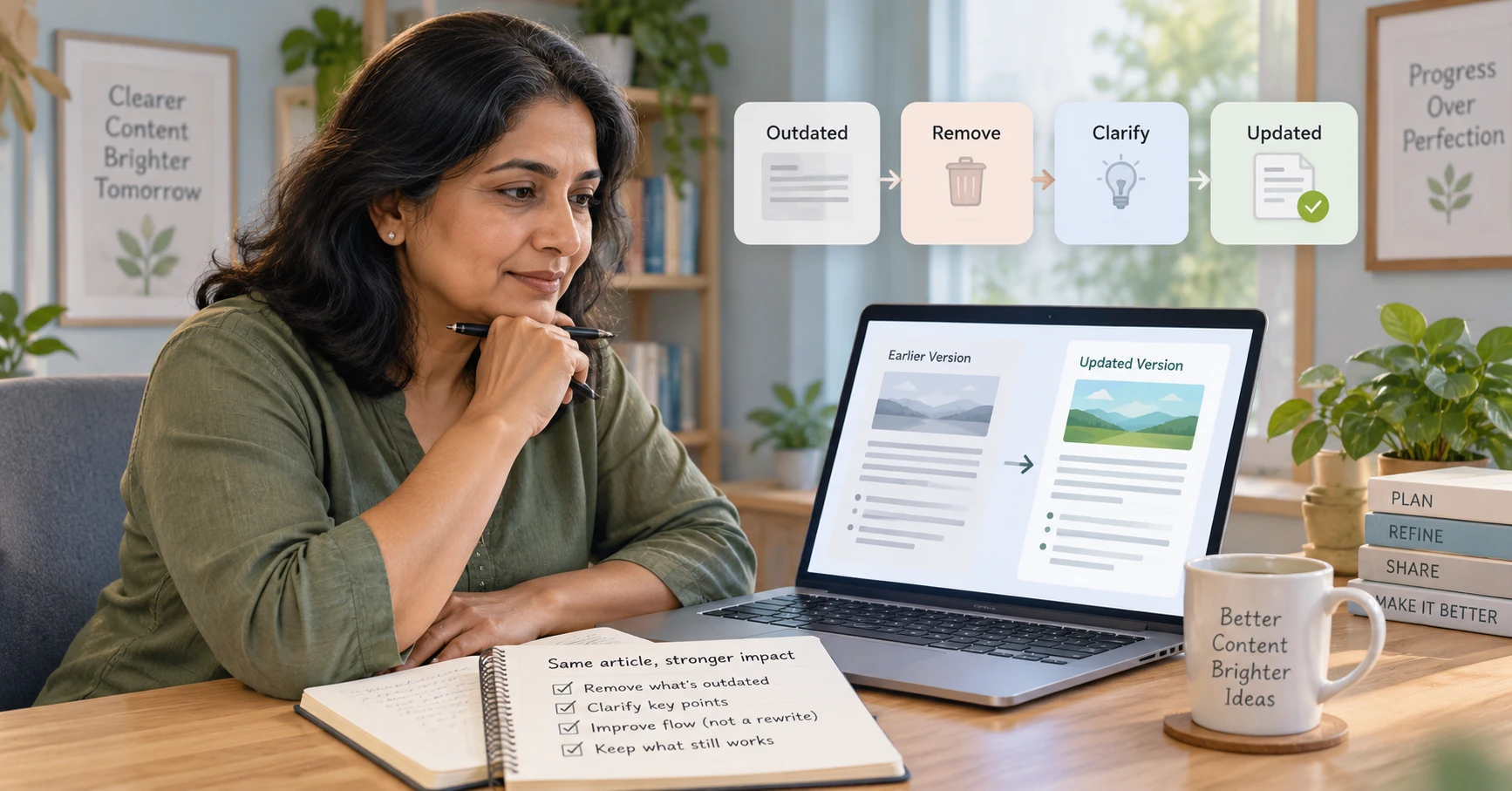 Woman comparing older blog content with a clearer and more current updated version.