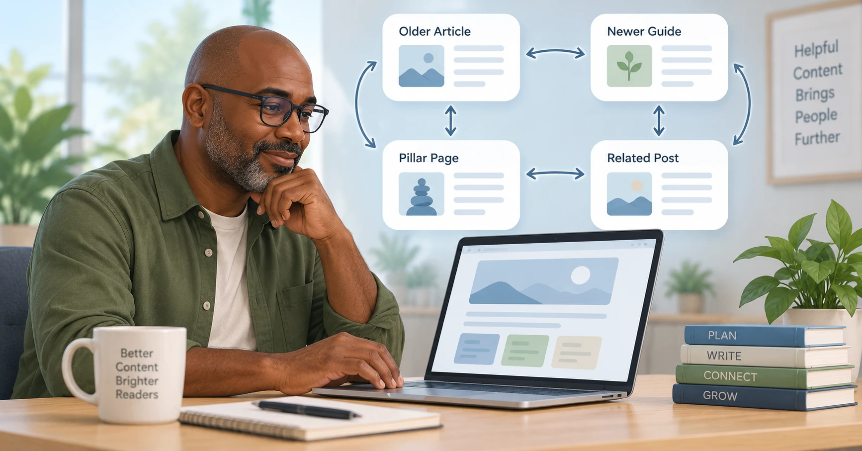 Related blog posts and a pillar page connected through useful two-way internal links.
