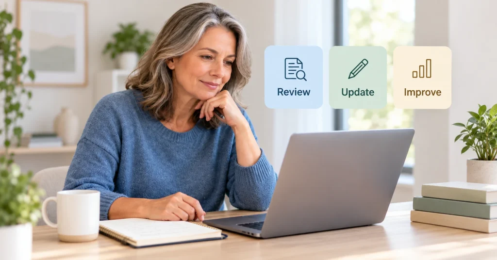 Woman reviewing an older blog post and planning useful content updates.