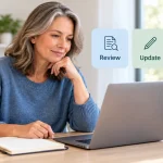 Woman reviewing an older blog post and planning useful content updates.
