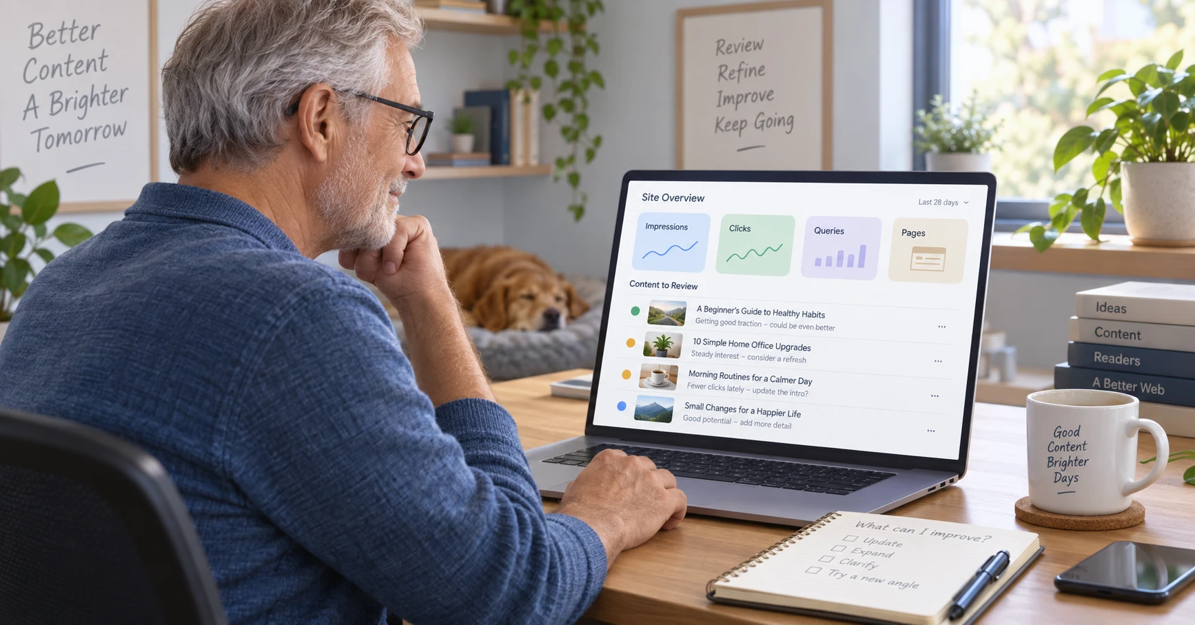 Older website owner reviewing impressions, clicks and search queries to choose a blog post to update.