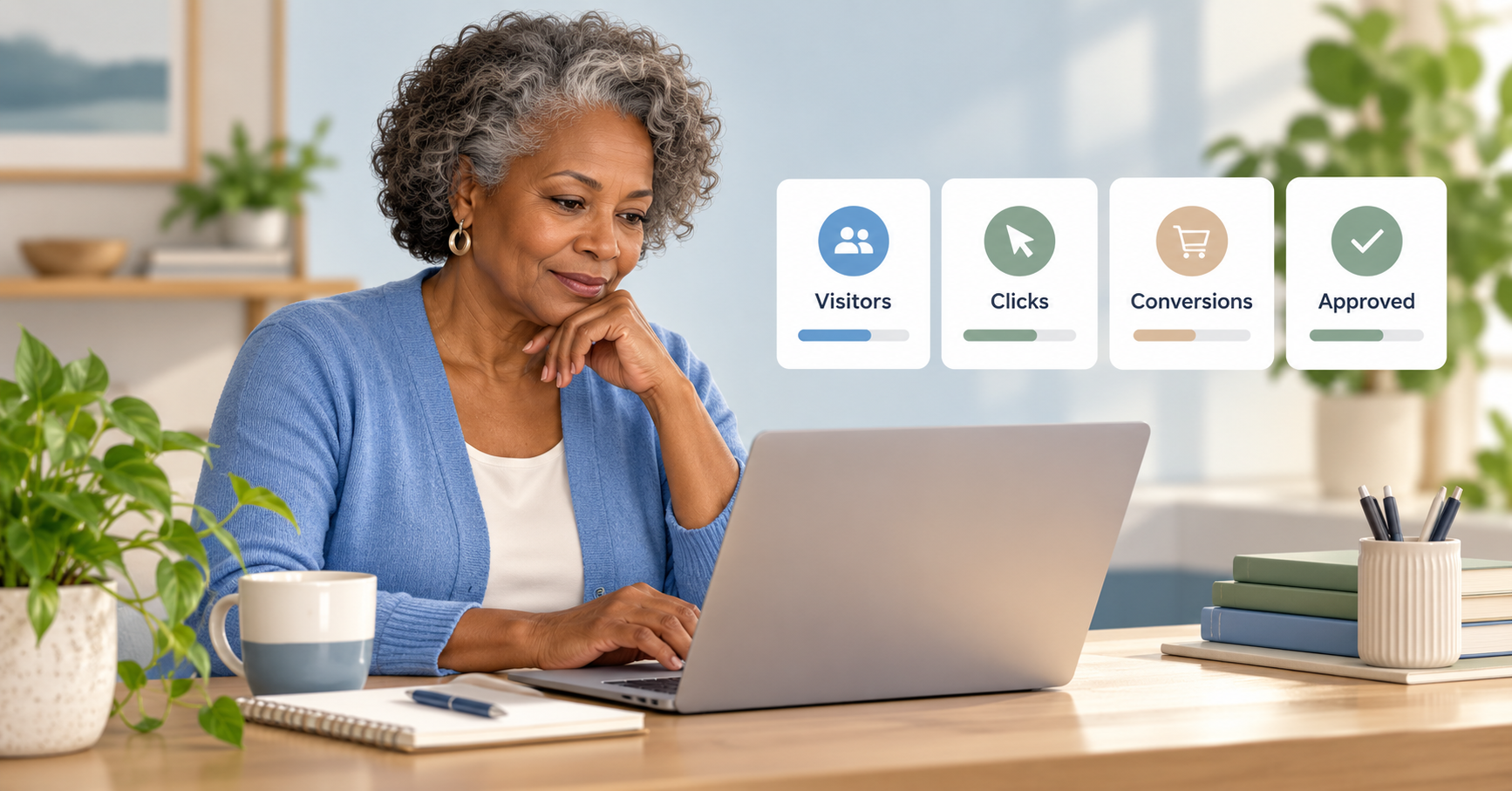 Older woman reviewing simple cards for visitors, clicks, conversions and approved commissions.