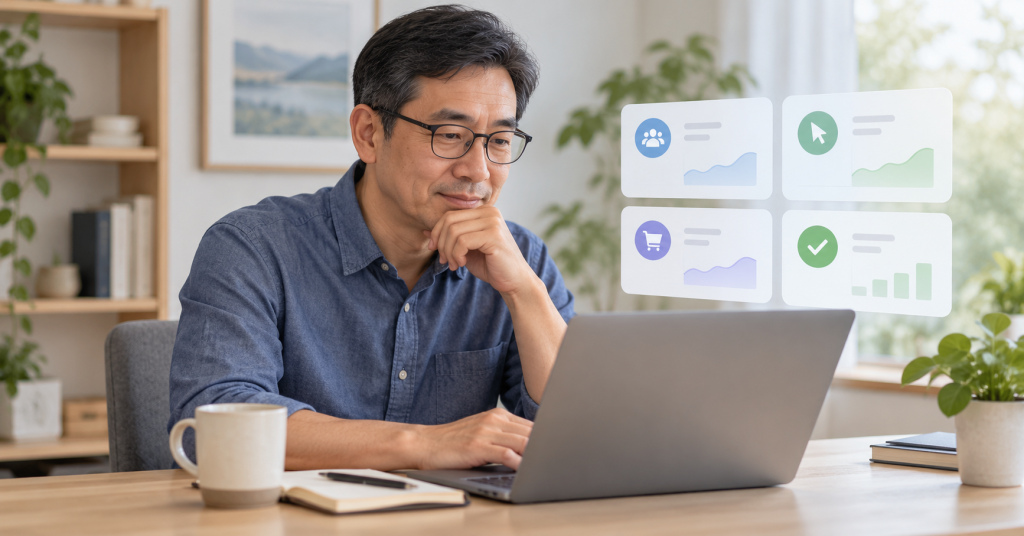 Middle-aged man calmly reviewing simple affiliate performance figures on a laptop.
